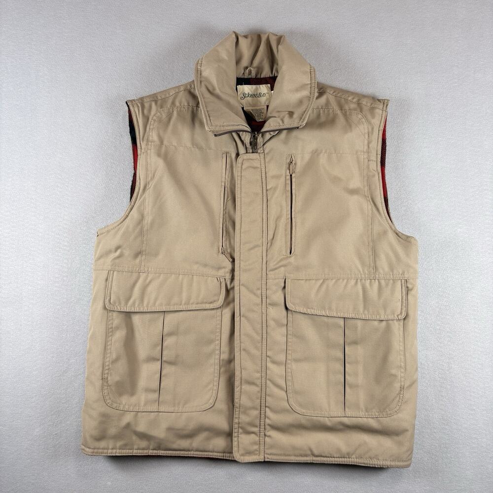 Vintage St. John's Bay Men's Medium Khaki Utility Vest Buffalo Plaid Lined